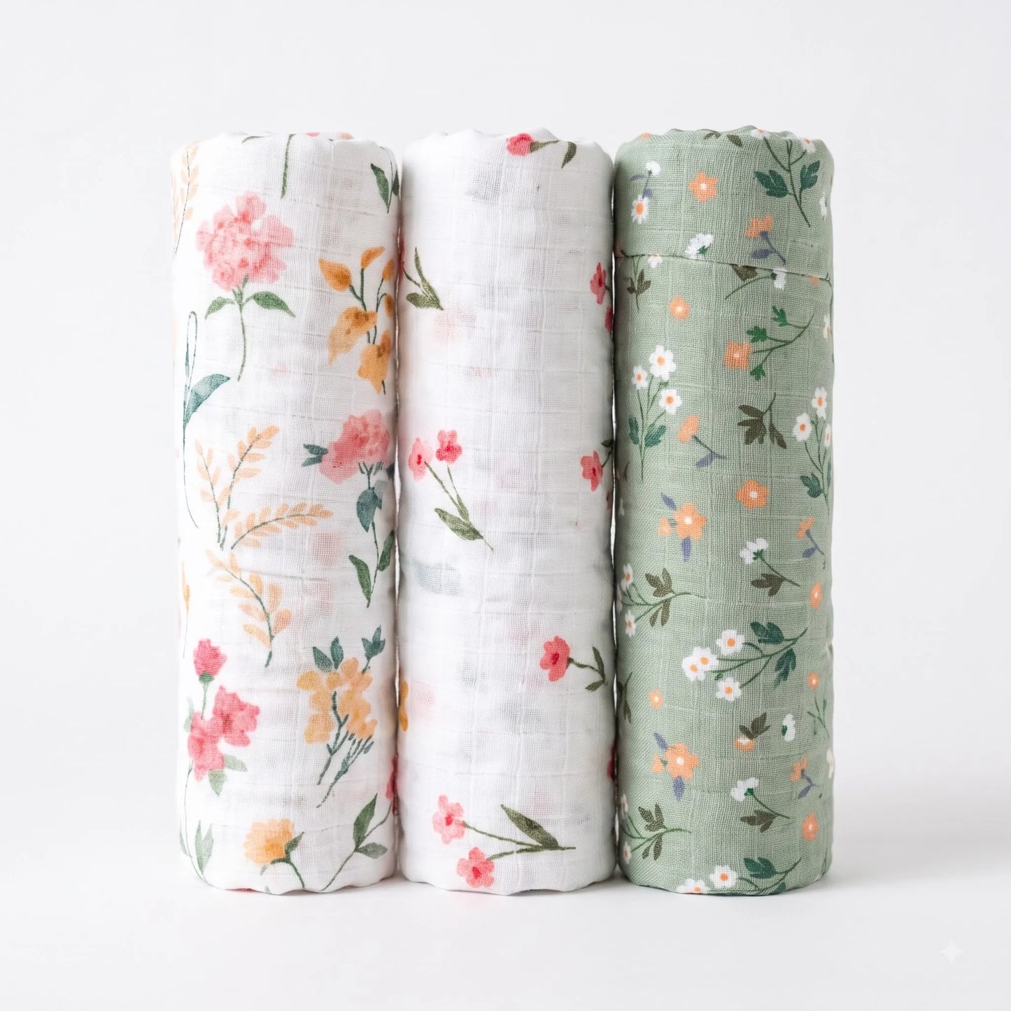 Three rolled Cradlewise Muslin Swaddles in Spring Bloom, featuring a sage-green swaddle with small floral motifs, a white swaddle with pink flowers and green stems, and a white swaddle with pink and peach blooms, green leaves and delicate botanical branches.
