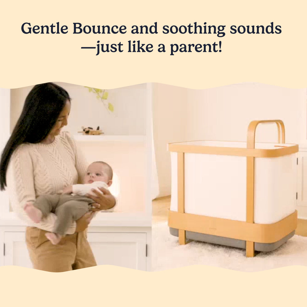 Parent gently bouncing a baby beside a Cradlewise smart crib, illustrating the crib’s vertical bounce designed to mimic a parent’s soothing motion.