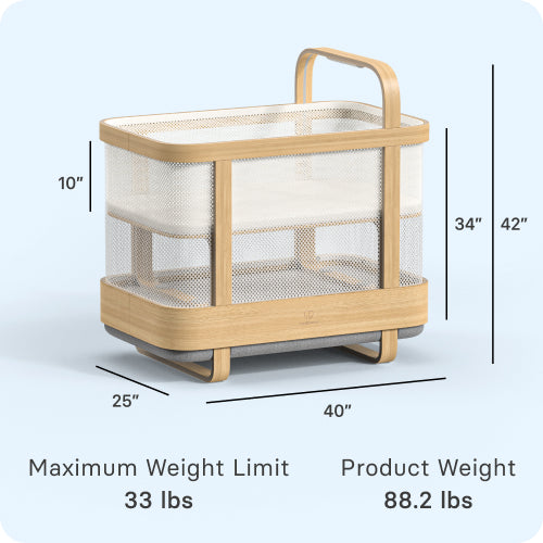 Cradlewise smart crib with dimension markings showing 40-inch length, 25-inch width, 42-inch height, 33-pound weight limit, and 88.2-pound product weight.