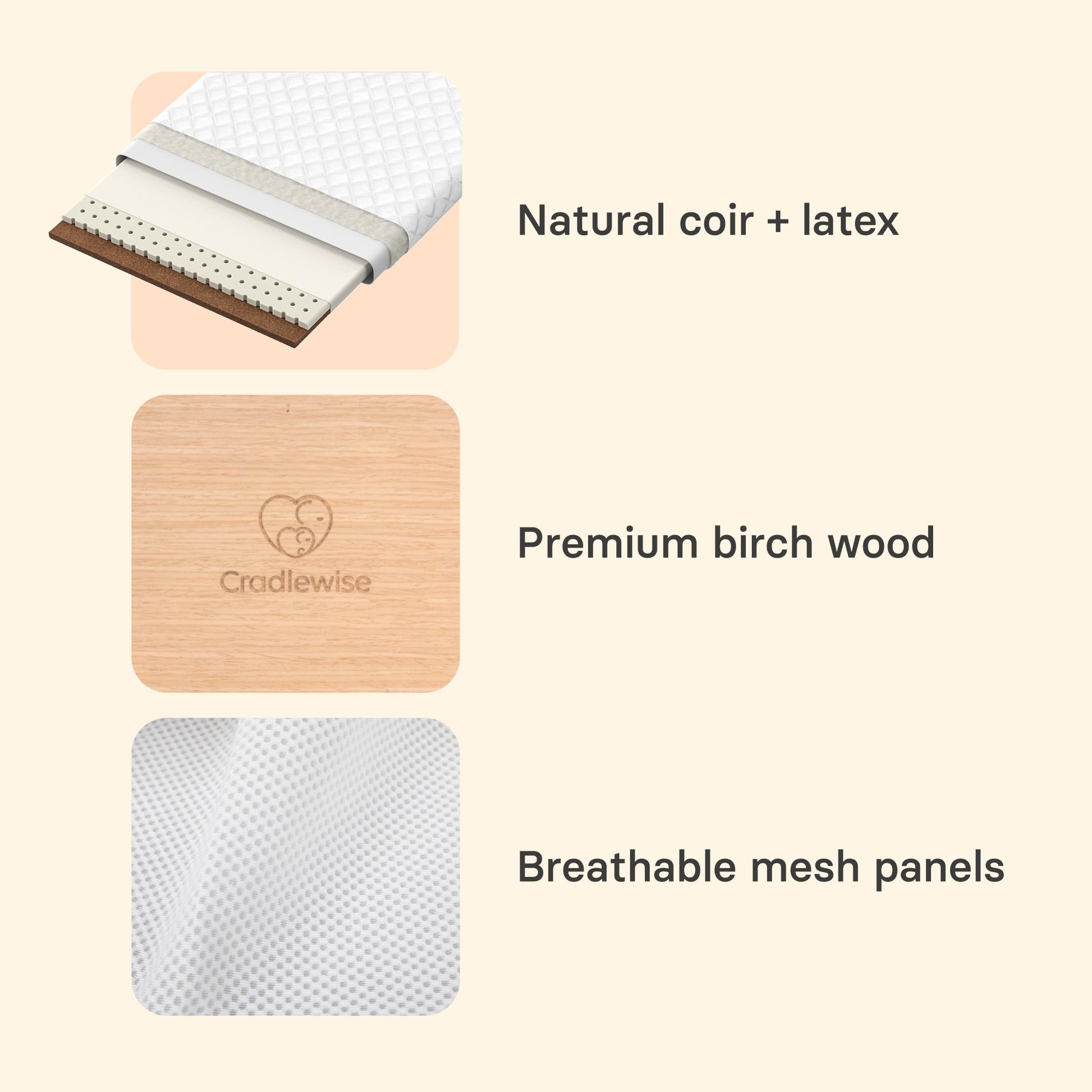 Close-up of Cradlewise crib materials showing the natural coconut coir and latex mattress, premium birch wood, and breathable mesh panels.