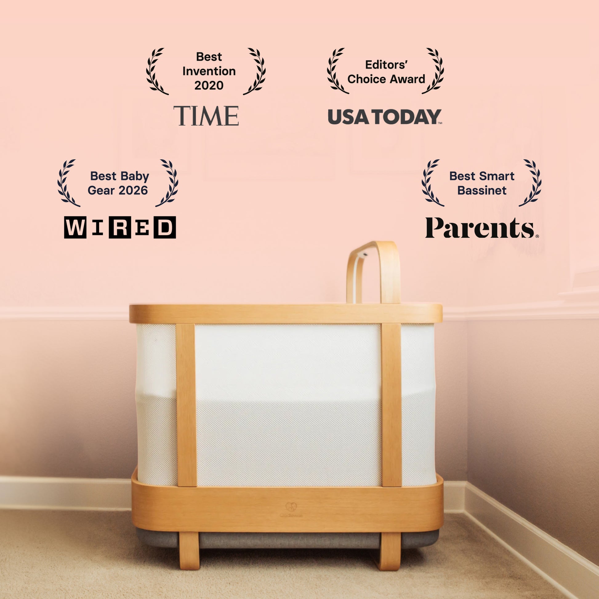 Cradlewise smart crib in a pink nursery surrounded by recognition badges/awards from TIME, USA TODAY, WIRED, and Parents.