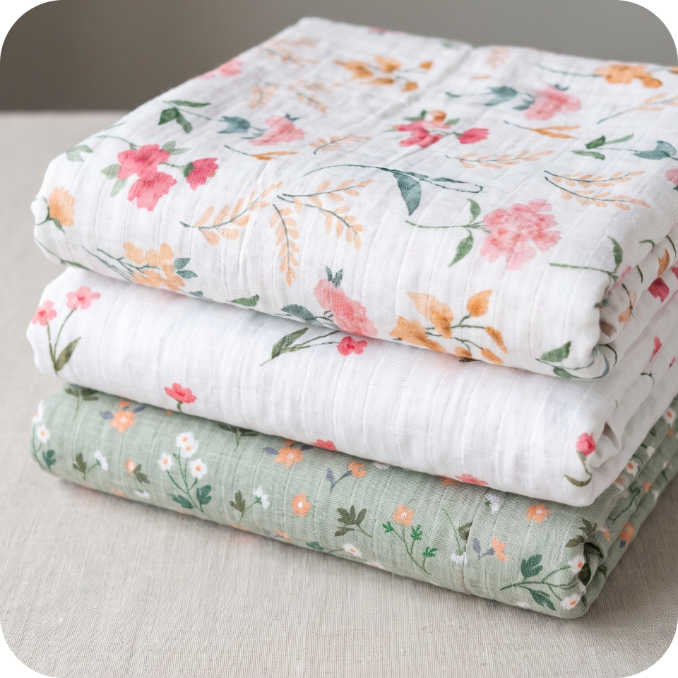 Three stacked Cradlewise Muslin Swaddles in Spring Bloom, featuring a sage-green swaddle with small floral motifs, a white swaddle with pink flowers and green stems, and a white swaddle with pink and peach blooms, green leaves and delicate botanical branches.