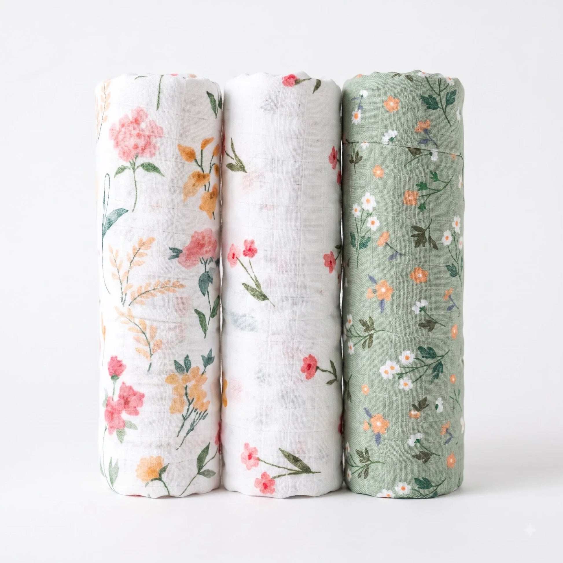 Three rolled Cradlewise Muslin Swaddles in Spring Bloom, featuring a sage-green swaddle with small floral motifs, a white swaddle with pink flowers and green stems, and a white swaddle with pink and peach blooms, green leaves and delicate botanical branches.